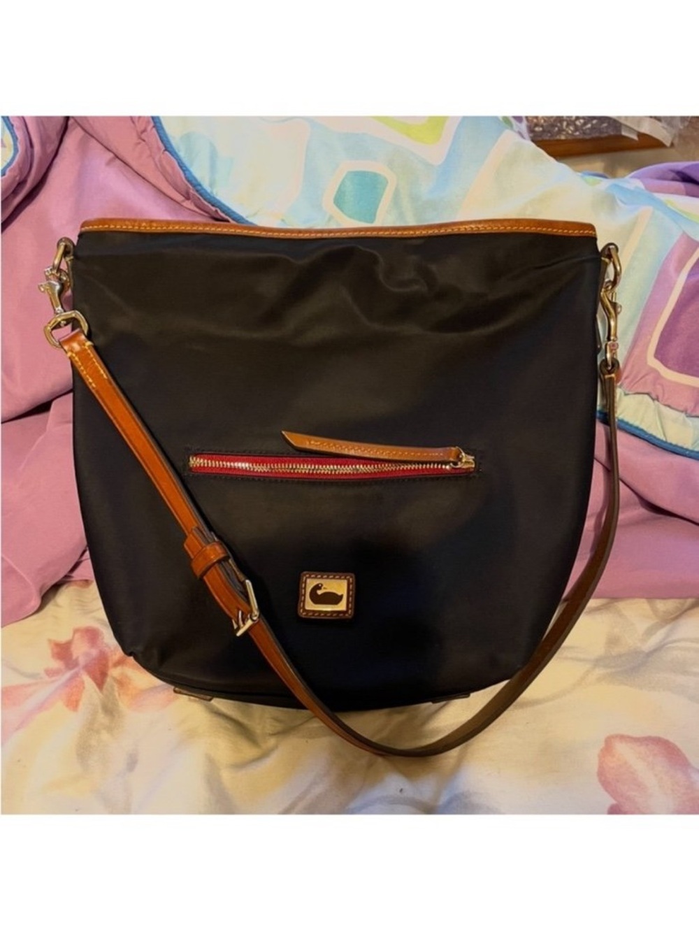 Dooney & Bourke Black Nylon Shoulder Bag with Brown Trim
